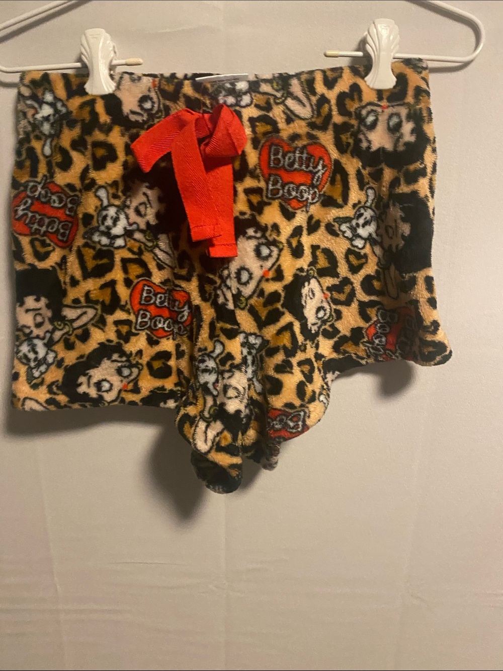 Betty Boop Leopard Plush Shorts with Bright Red Bow